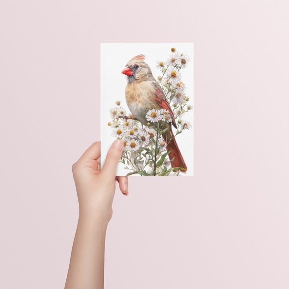 Watercolor Female Cardinal Bird with Flowers Wall Art Print Unframed - Picture 5 of 6